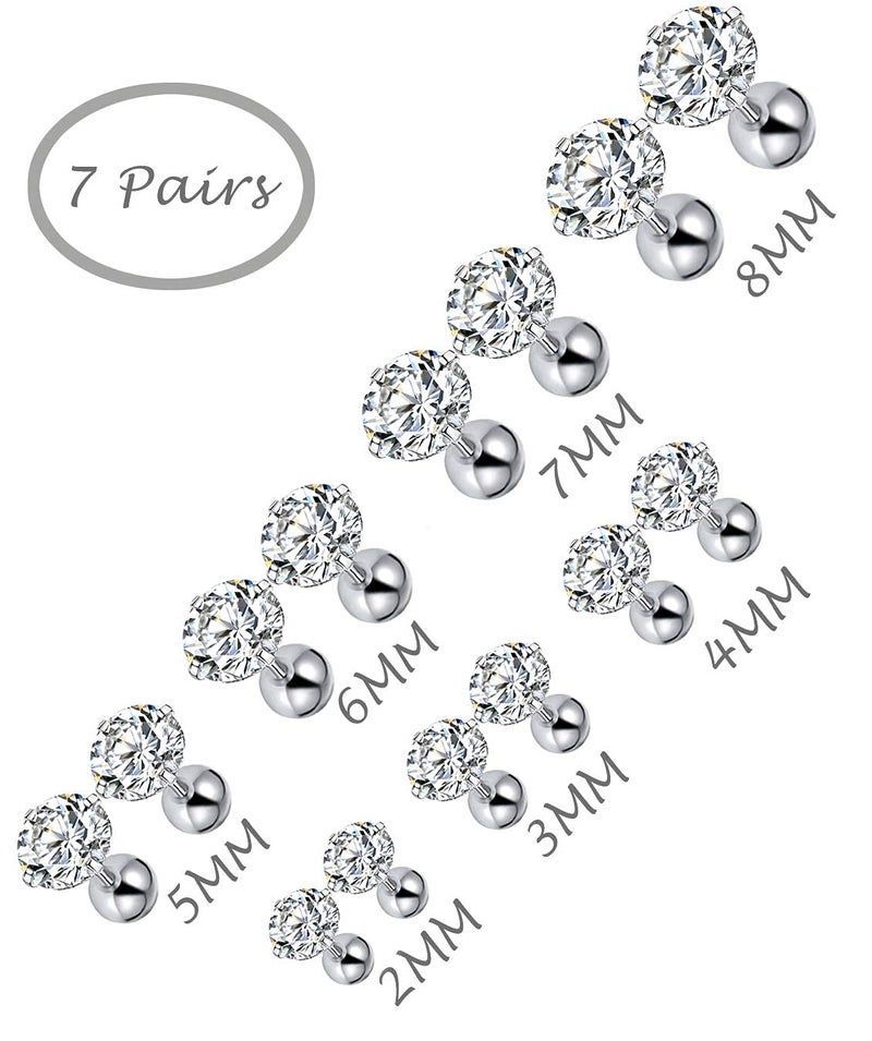 Tornito 7 Pairs 20G Stainless Steel Stud Earrings Round Cubic Zirconia Barbell Earring Set For Men Women 2MM-8MM Silver Tone - Image 3